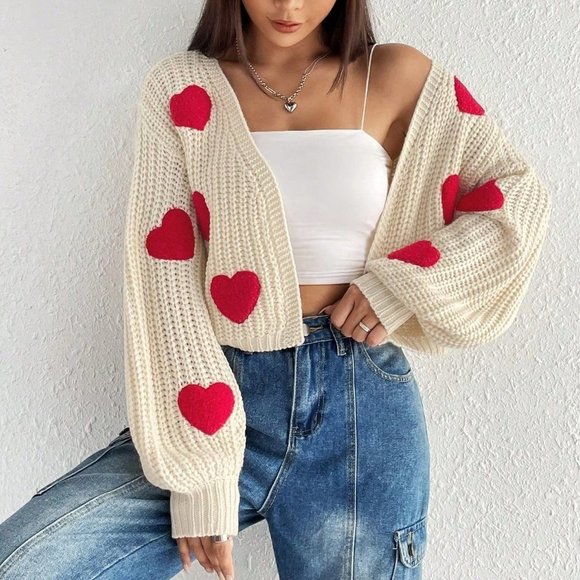 Multicolor Casual Womens Heart Pattern Drop Shoulder Duster Cardigan - Picture 4 of 5